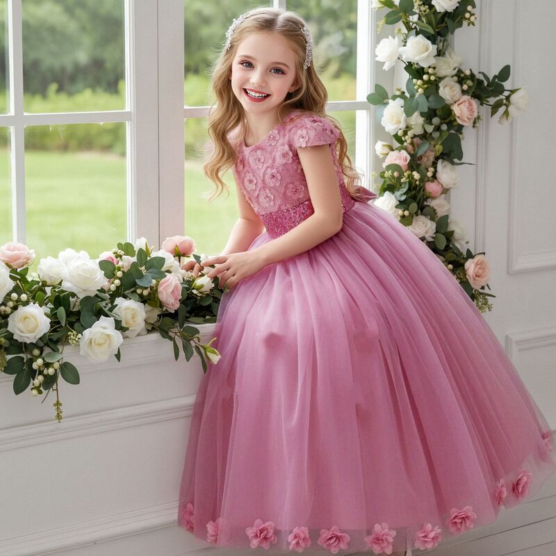 Cross Border Hot Sale Long Lace Dress Girl Sequin Flower Party Dress Flash Dance Dress Flower Girl Wedding Dress Cross Border Hot Sale Long Lace Dress Girl Sequin Flower Party Dress Flash Dance Dress Flower Girl Wedding Dress