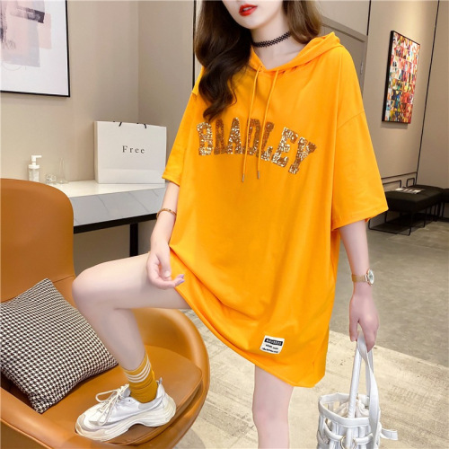 Women's Long-Sleeve T-Shirt with Butt Coverage, Summer Glitter Letter Youthful Style, 2025 Thin Model, Hooded Top for Women