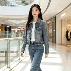 明星同款牛仔外套女短款2026春秋新款修身百搭翻领拉链夹克上衣