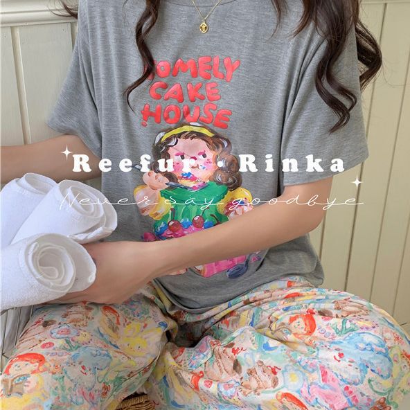 Reefur Rinka Pear Flower Pajamas Women's Cartoon Cute Round Neck Pullover Cake Doll Printed Short Sleeve Trousers