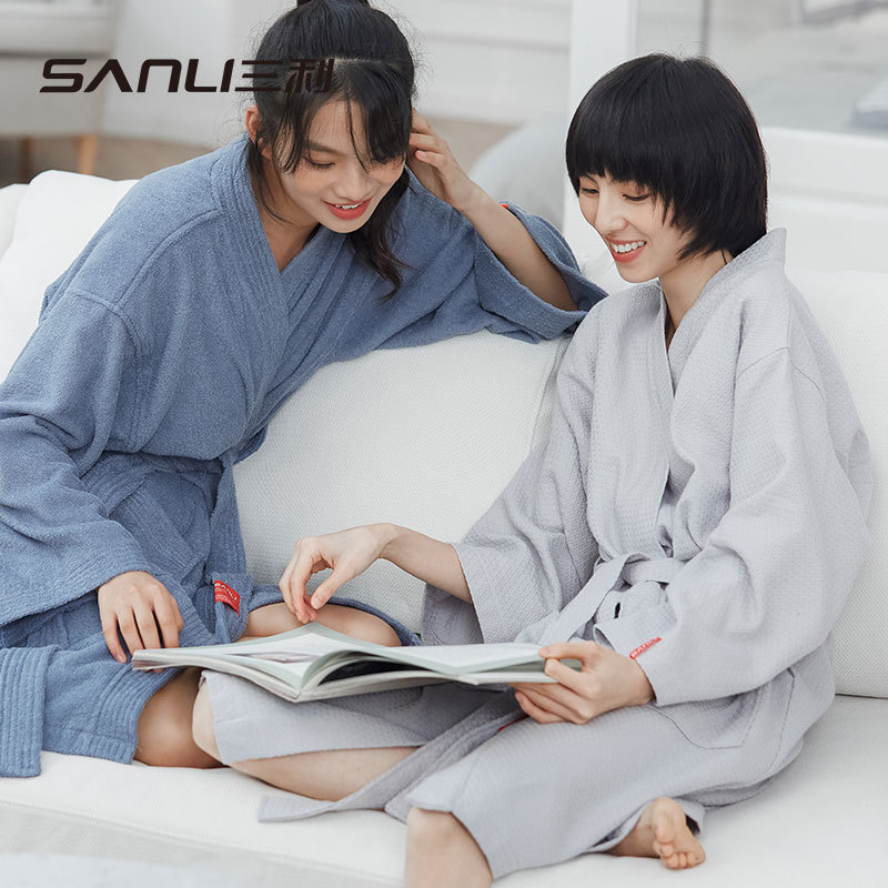 [New bathrobe] Sanli towel pure cotton adult bathrobe big nightgown waffle fabric pajamas couple home clothes