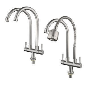 304 stainless steel vegetable basin faucet household single-cooled double-tube universal rotating kitchen sink double-out faucet