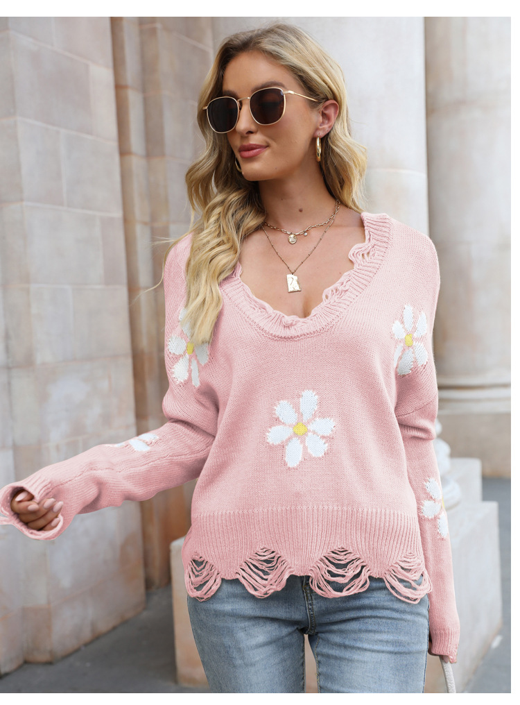 ripped long-sleeved loose small flower V-neck pullover sweater nihaostyles clothing wholesale NSYH82741