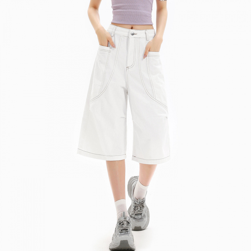 Blanco recto cinco pantalones cortos de vaqueros de mujer nuevo diseño de línea clara sensación de cintura alta suelta delgada pantalones de piernas anchas