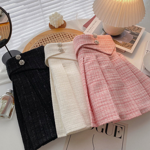 Girls' small fragrant pleated skirt spring and autumn new Korean style elastic high-waist floral diamond tweed A-line plaid skirt