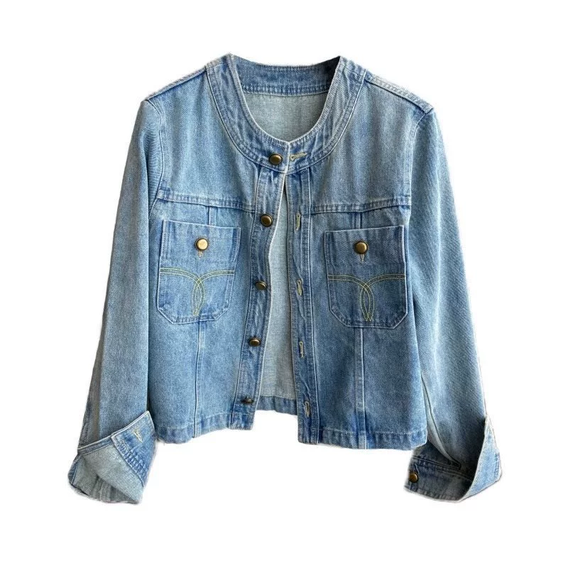 Short denim summer thin retro jacket with a round collar, Korean style
