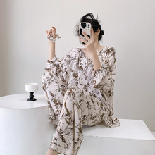 新中式国风睡衣女春秋薄款宽松棉绸灯笼袖空调服长袖家居服可外穿
