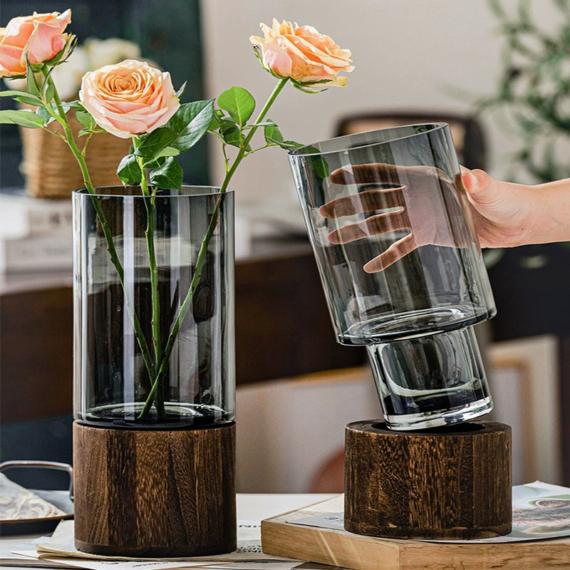 Luz de estilo europeo de lujo redondo bandeja de madera florero de vidrio Red roja de alto aspecto de la sala de estar mesa de comedor de aumento de agua arreglo de flores decoración