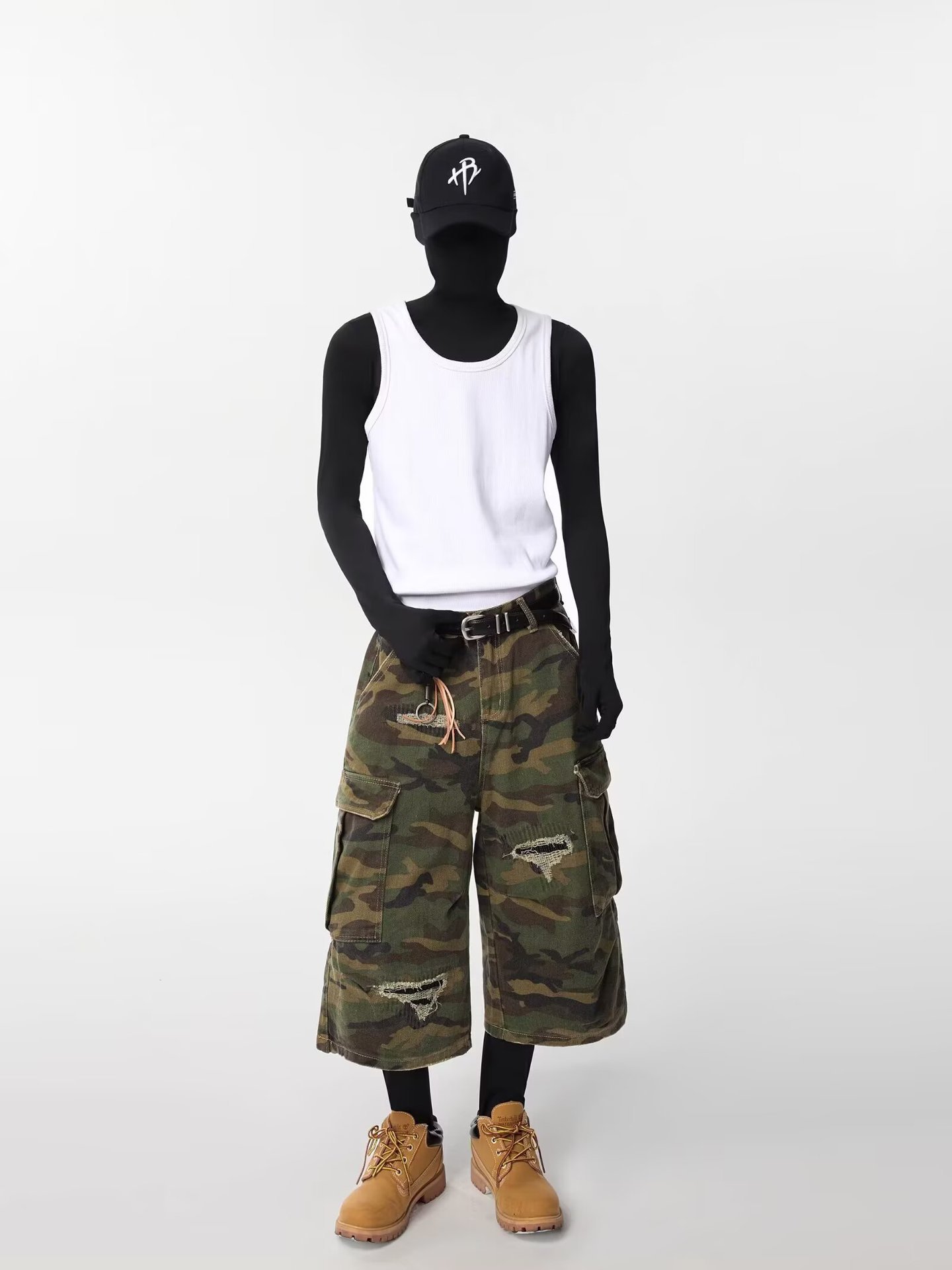 American Retro Ripped Camouflage Cropped Cargo Pants Summer Men's High Street Loose Versatile Straight Casual Shorts