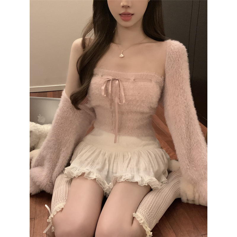 秋冬纯欲甜辣妹泡泡毛绒绒毛衣绑带背心+开衫两件套女上衣|undefined