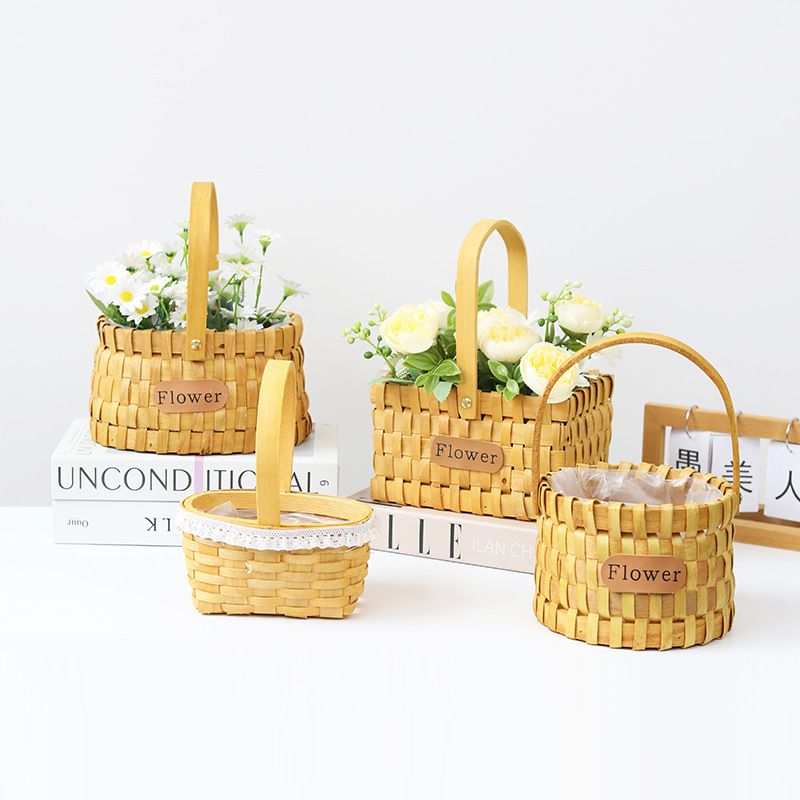 Portable wooden flower basket picnic fruit basket woven basket home living room decoration storage basket flower flower arrangement basket Portable wooden flower basket picnic fruit basket woven basket home living room decoration storage basket flower flower arrangement basket