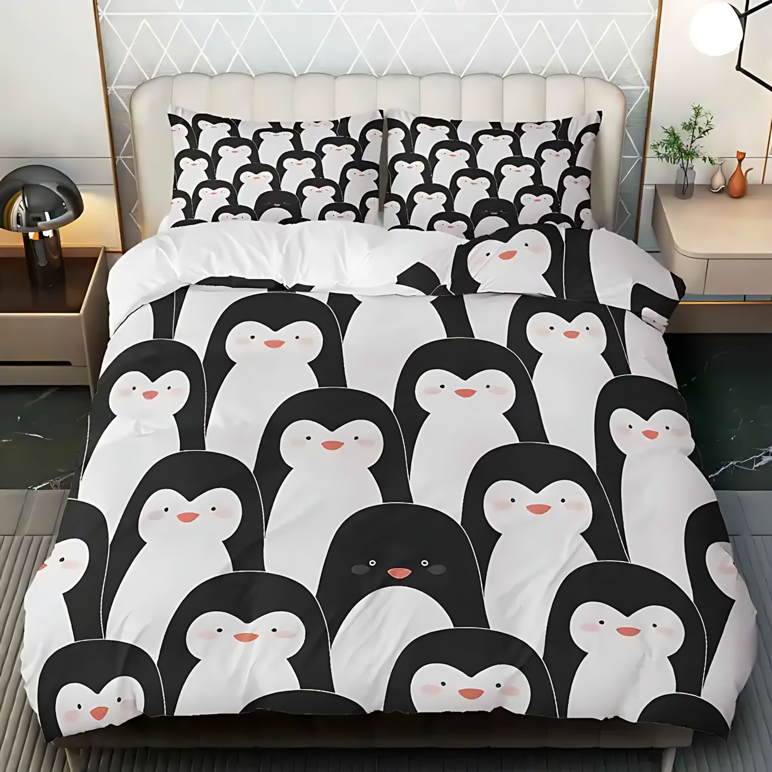TEMU / JIT cómodos edredón conjunto encantador dibujos animados pingüino impresión digital se puede ajustar