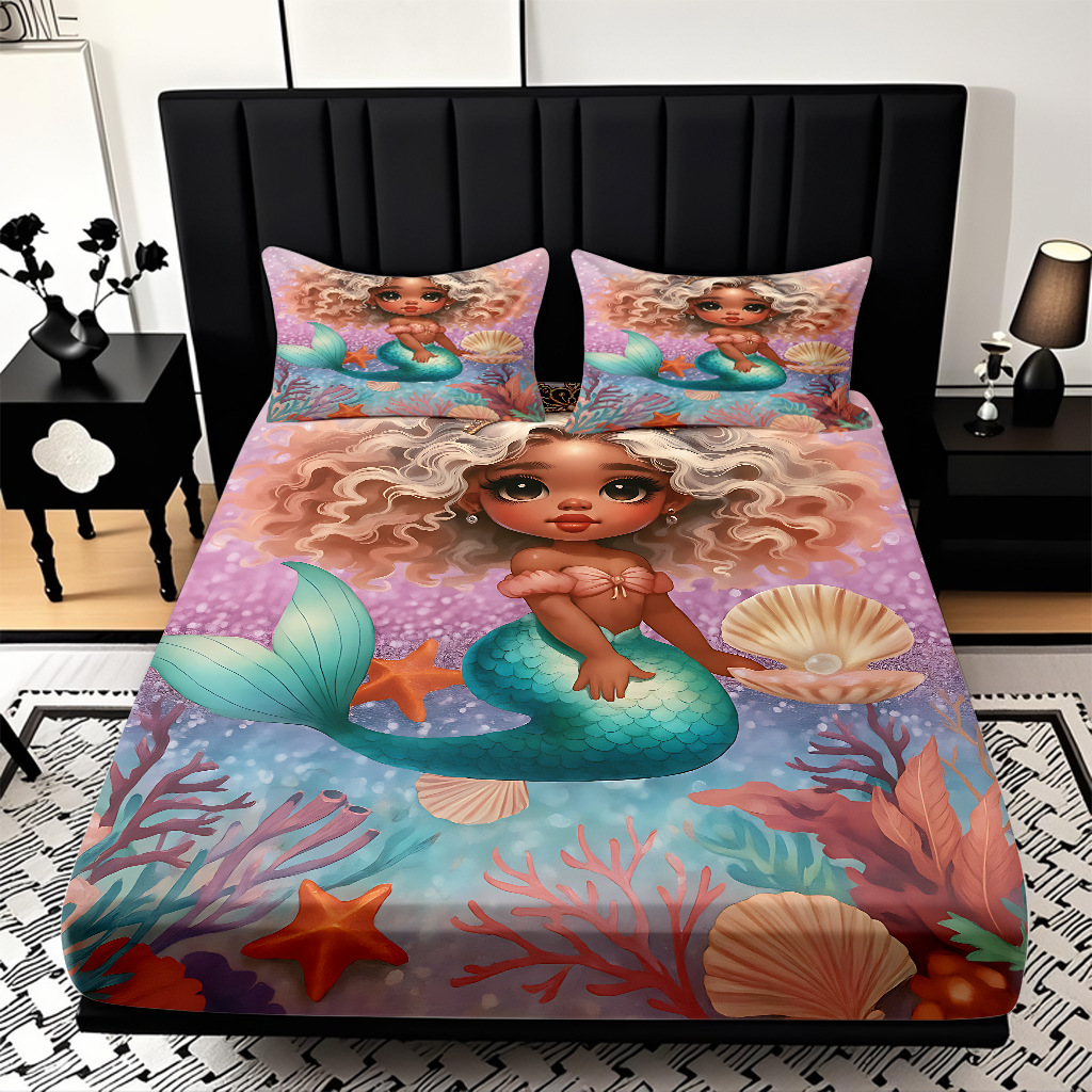 JIT modo Temu 3D impresión de caricatura sirena cama textil casera camisa ropa de cama tres piezas set transfronterizo mayorista
