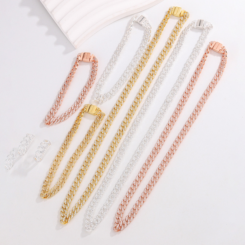 Panjia White Copper Silver-Plated Three-Color Full Diamond Cuban Chain Cross-Border Popular Bracelet Special Sale