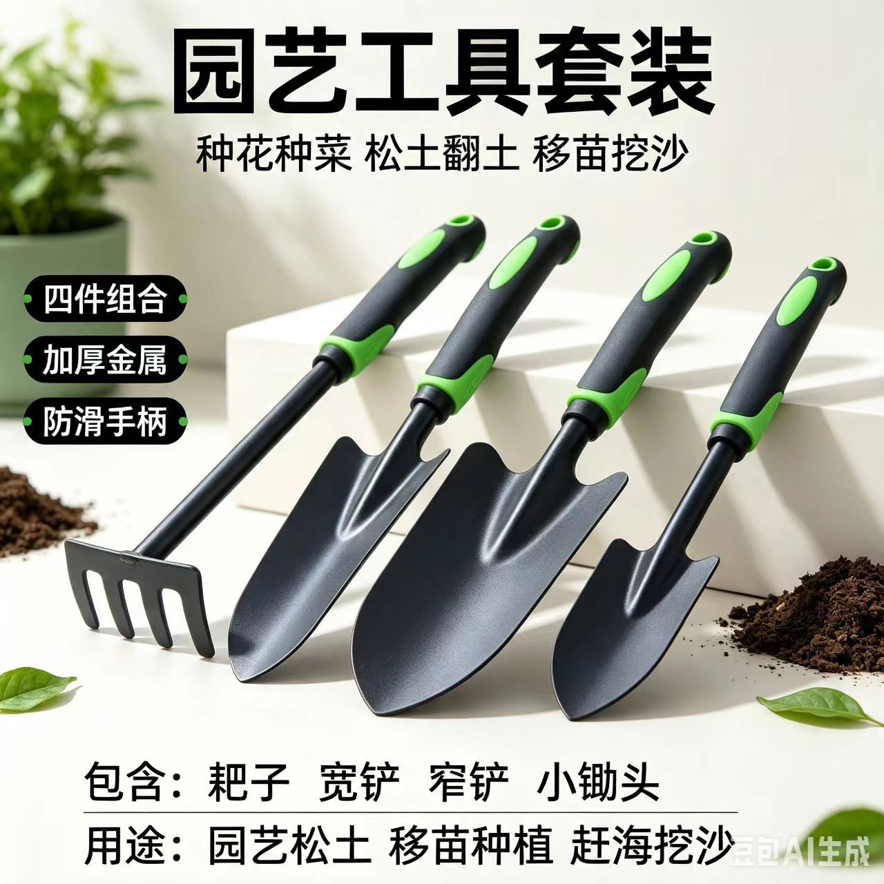 Juego de Pala y Rastrillo de Jardinería de Metal con Mango de Goma para Plantación