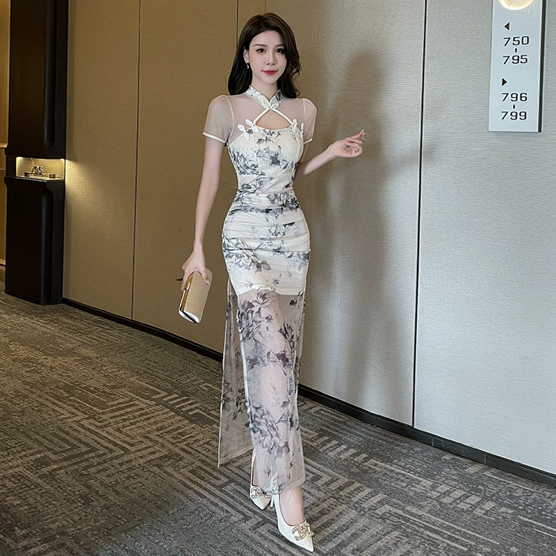 Ночной клуб сексуальный набедренный техник сауны модное элегантное вечернее платье бар караоке мытье ног Цветочное платье чонсам