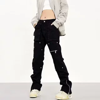 高街美式机能拉链铆钉设计感牛仔裤男女Vibe伐木工装直筒长裤子潮