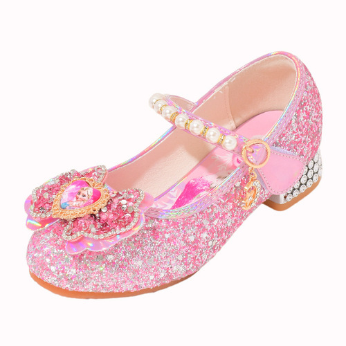 Children's leather shoes for spring and autumn, Elsa single shoes for little princess, crystal shoes for little girls, high heels with soft soles, children's shoes for girls
