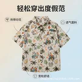 夏威夷风海边度假沙滩服椰树骷髅印花夏季痞帅复古宽松休闲花衬衣