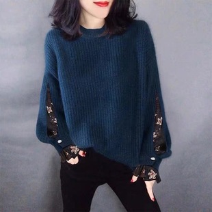 Lace Stitching Design Sense Fake Two-piece Knitted Sweater Loose Sweater European Station 2024 Autumn and Winter Women's New Fashion