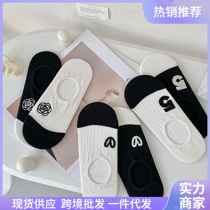 襪子船襪女夏季薄款無骨精梳棉隱形襪防滑不掉跟刺繡淺口日系短襪