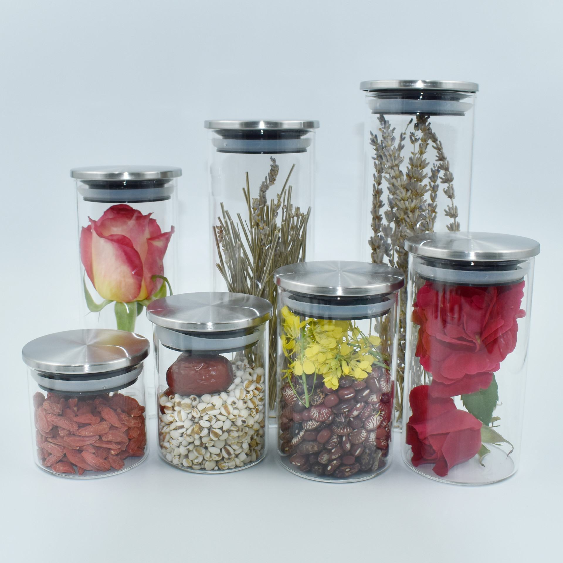 65不锈钢盖高硼硅玻璃储物罐干果大麻花杂粮糖果玻璃瓶