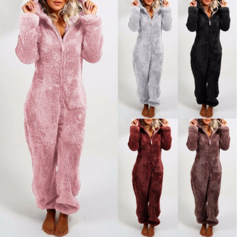 Cross-border foreign trade European and American women's clothing 2024 autumn and winter fleece-lined padded Mao Mao jumpsuit home hooded bear pajamas