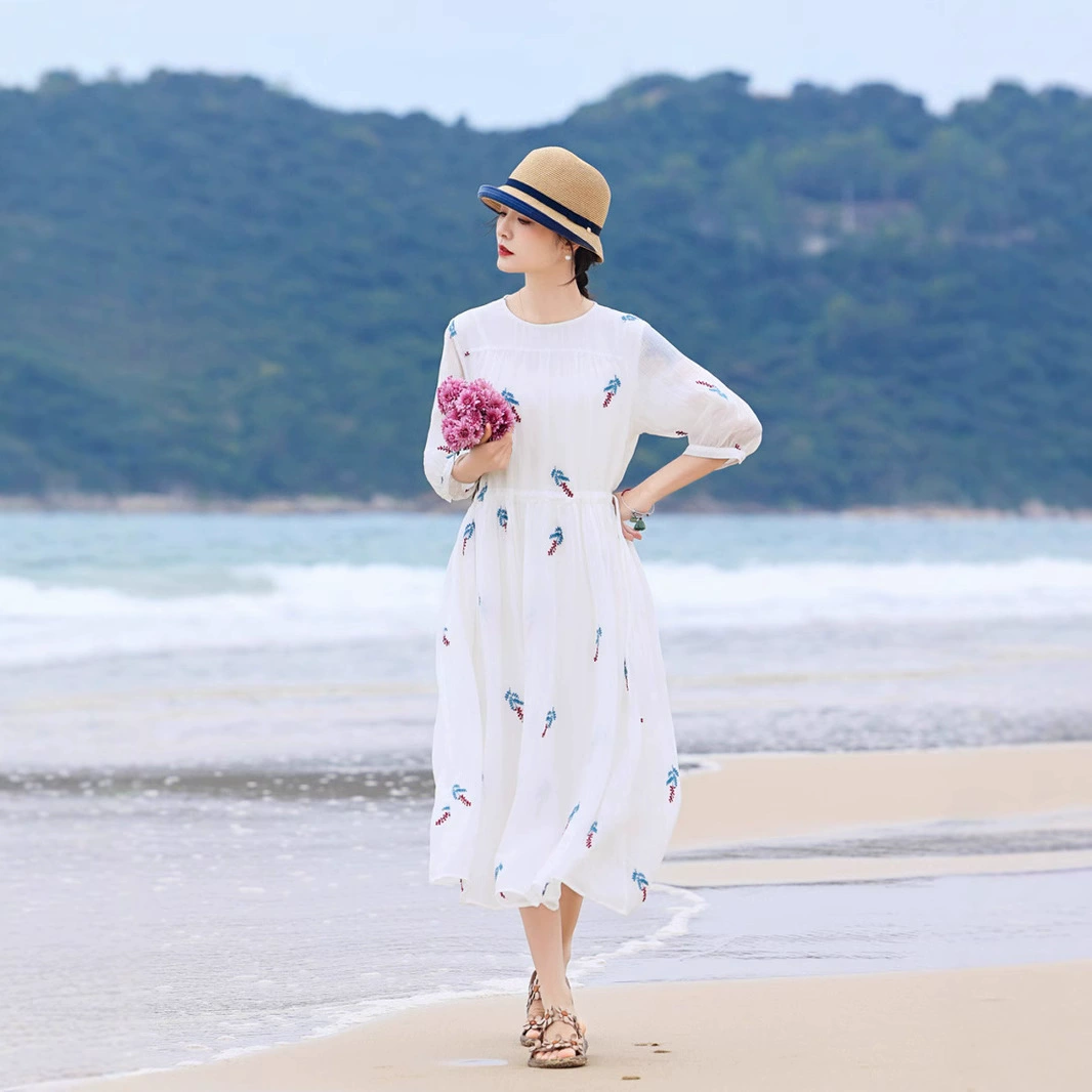 2025 новый стиль путешествия литературное длинное платье с высокой вышивкой рами на подкладке плиссированных ветровых рукавах длинная юбка с семью рукавами