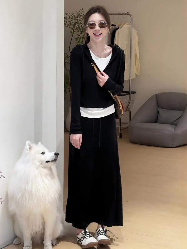 早秋流行穿搭套装女韩系时尚减龄撞色假两件连帽卫衣半身裙两件套|undefined