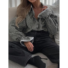 时尚跨境潮流爱心印花女式衬衫单排扣开衫气质袖口拼接蕾丝衬