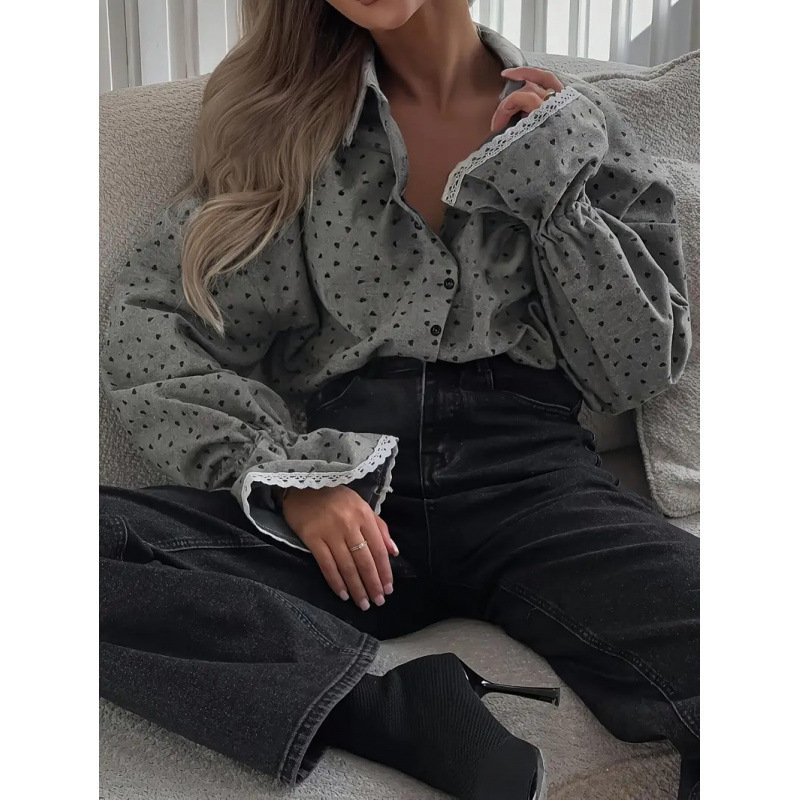 Fashionable Cross-Border Trendy Heart-Print Women's Shirt with Single-Breasted Cardigan and Elegant Lace-Trimmed Cuffs Fashionable Cross-Border Trendy Heart-Print Women's Shirt with Single-Breasted Cardigan and Elegant Lace-Trimmed Cuffs