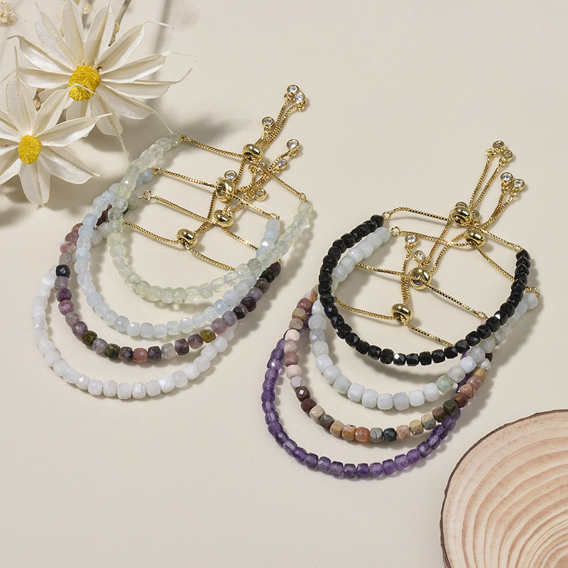 European and American Fashion Versatile 4mm Natural Stone Amethyst Bracelet with Faceted Cube Brass Slider Ball Chain Jewelry