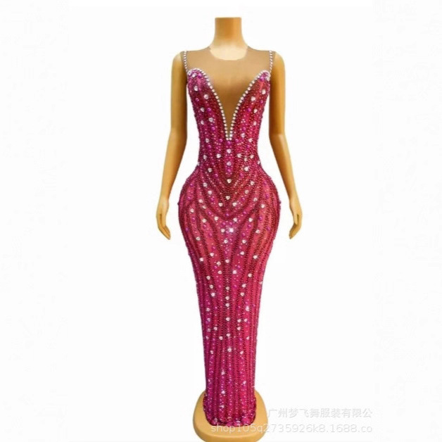 Pink Rhinestone Beaded Sexy Sleeveless Dress Birthday Party Celebration Costume Dance Birthday Party Dress