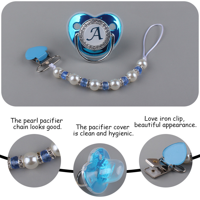 Nuevo bebé suministros melocotón corazón clip de hierro calmante bebé perla cristal chupete cadena anti-gota cadena chupete traje