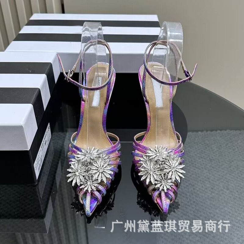2023夏季真丝条带编织镂空水钻花朵包头中空后扣带欧美高跟凉鞋|undefined