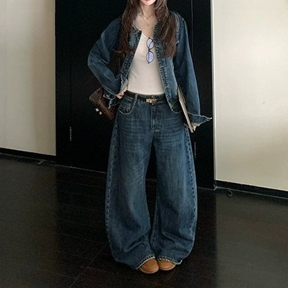 Skk Store Jennie1时装周 俏皮复古水洗渐变柔软牛仔外套长裤套装|undefined