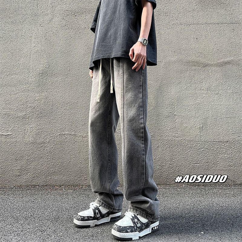 Vaqueros con cordón retro americano para hombres de primavera y otoño nuevo estilo holgado recto vibe marca de moda pantalones casuales de pierna ancha