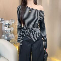 韩系条纹不规则开叉斜肩长袖T恤女装早秋季收腰设计感别致上衣潮