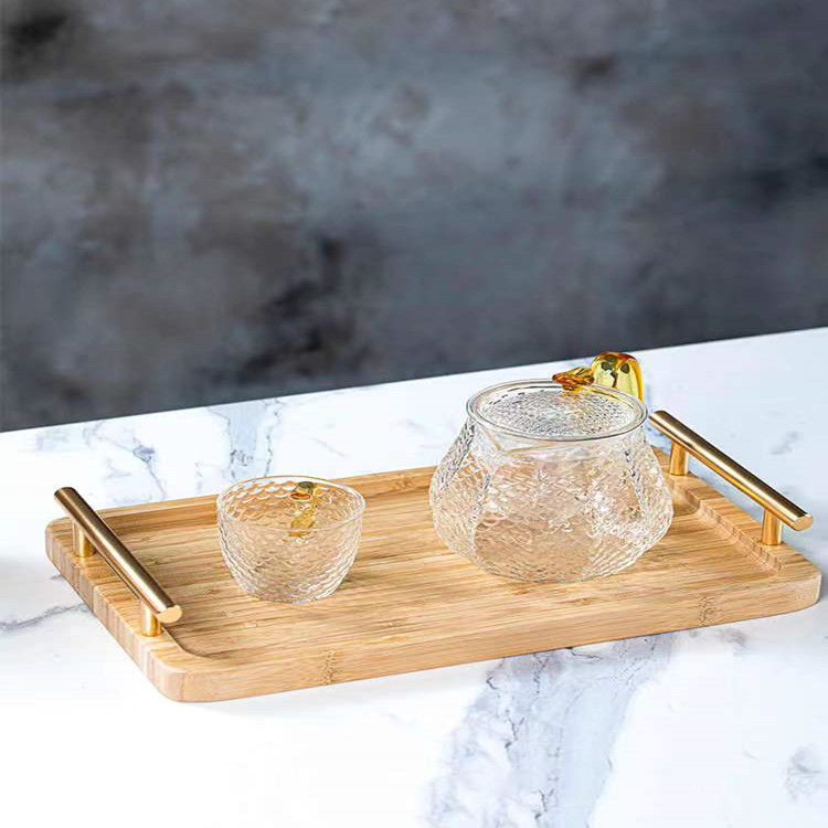 Bandeja de madera de bambú doble oreja con mango taza de madera de bambú bandeja de madera placa de madera pastelería comida mostrar placa de madera