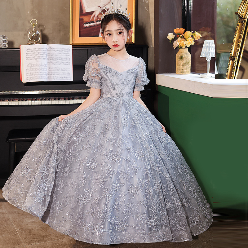 六一女童礼服新款烟灰色刺绣蕾丝蓬蓬纱公主裙儿童钢琴演奏演出服