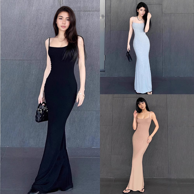 In-Stock European and American Style Kardashian/Kendall Jenner Sexy Floor-Length Date Dress with Slim Waist and Ultra-Long Spaghetti Straps