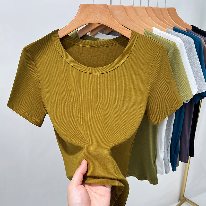 T-shirt de mangas cortas de rosca para mujeres 2025, nueva ropa de mujer de color sólido con camiseta de base elegante de cuello redondo de cintura