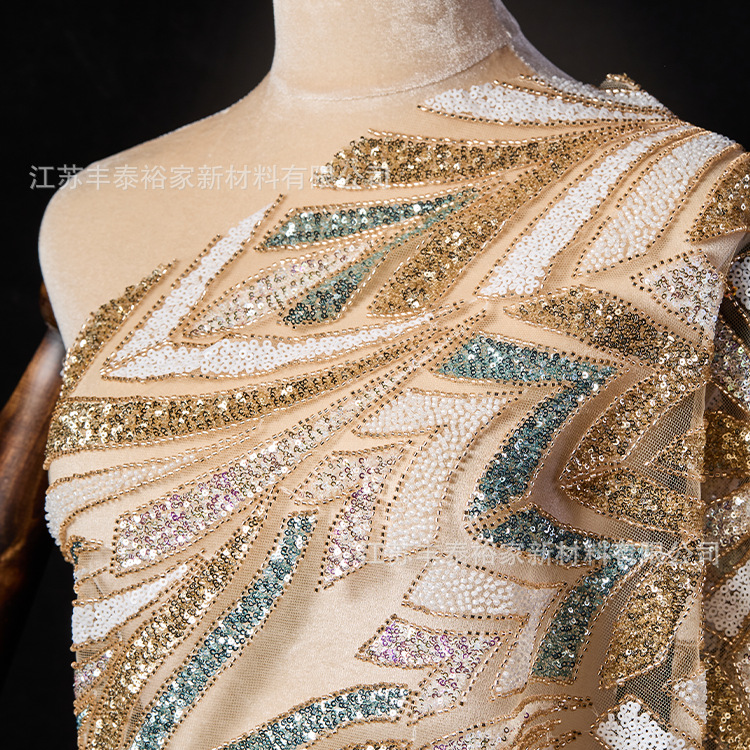 bordado geométrico línea de color malla gaza flor sequin tela vestido de noche