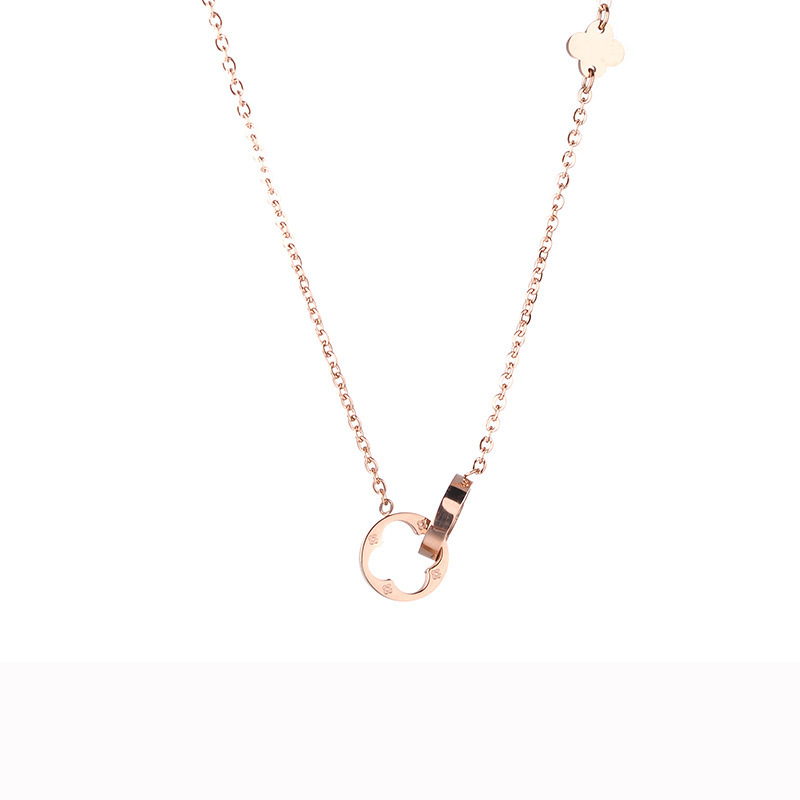Double Ring Clover Style Titanium Steel Necklace For Women_voghion.com