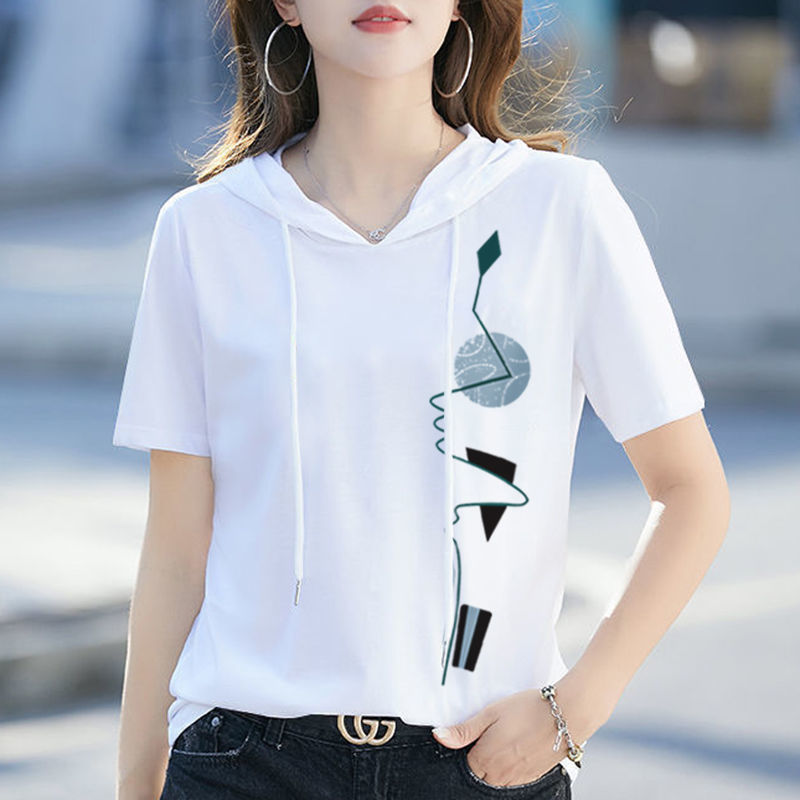 Wholesale Price Short-Sleeved T-Shirt Women's 2026 Summer New Style Korean Style Loose Casual Ins Top Hooded Sweatshirt Trendy