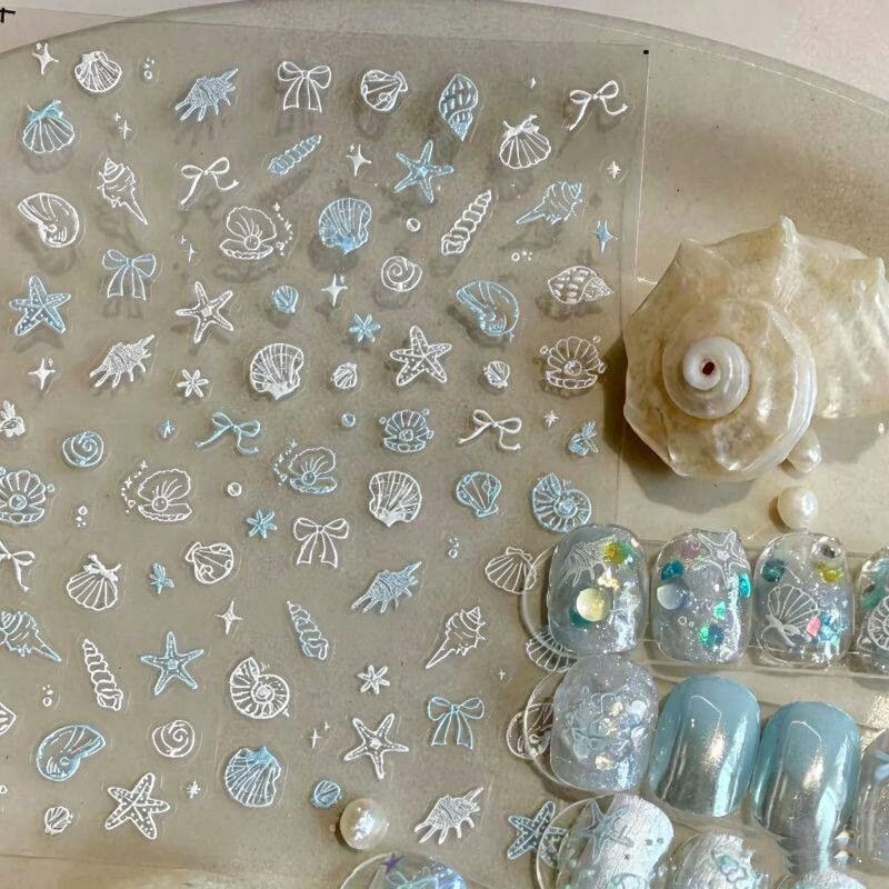 Summer Dreamy Shell Light Conch Starfish Shell Embossed Nail Art Stickers Water Wood Creative DIY Journal Stickers