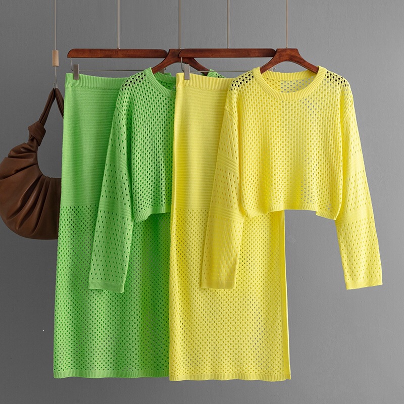 European and American Cross-Border Women's Clothing 2024 New Summer Hollow-Out Knitwear Long Skirt Fashionable Two-Piece Skirt Set European and American Cross-Border Women's Clothing 2024 New Summer Hollow-Out Knitwear Long Skirt Fashionable Two-Piece Skirt Set