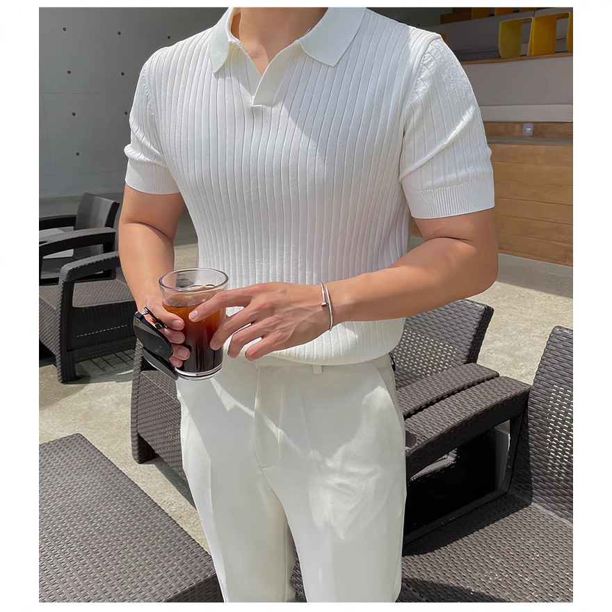 Polo de seda de hielo americano suéter delgado de manga corta con cuello apilado en forma de v para hombre camiseta de punto de manga ajustada fresca y transpirable