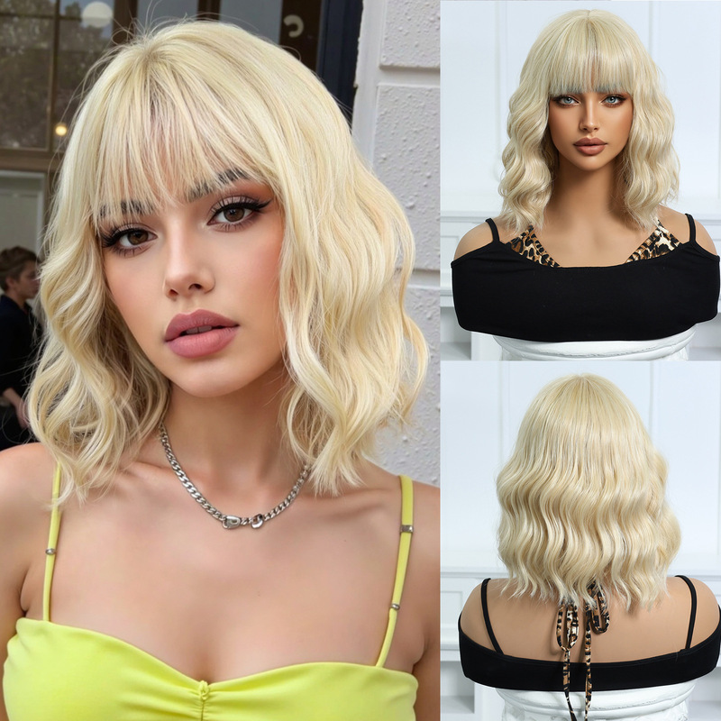 Internet Celebrous Hot Selling Wig Women's Cute Style Golden Wave Short Curly Hair Factory in stock Matte High Temperature Silk Full Head