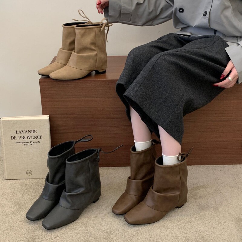 Women's soft leather short boots with foldable pleats, drawstring heel, slim fit, autumn and winter Korean style versatile commuter ankle boots Women's soft leather short boots with foldable pleats, drawstring heel, slim fit, autumn and winter Korean style versatile commuter ankle boots